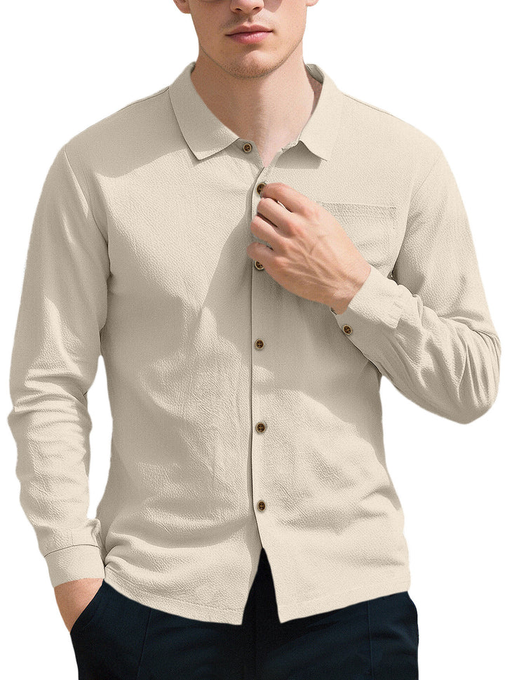 Men's breathable structured business shirt with breast pocket wooden button placket and ergonomic shoulder fit StylebySassy