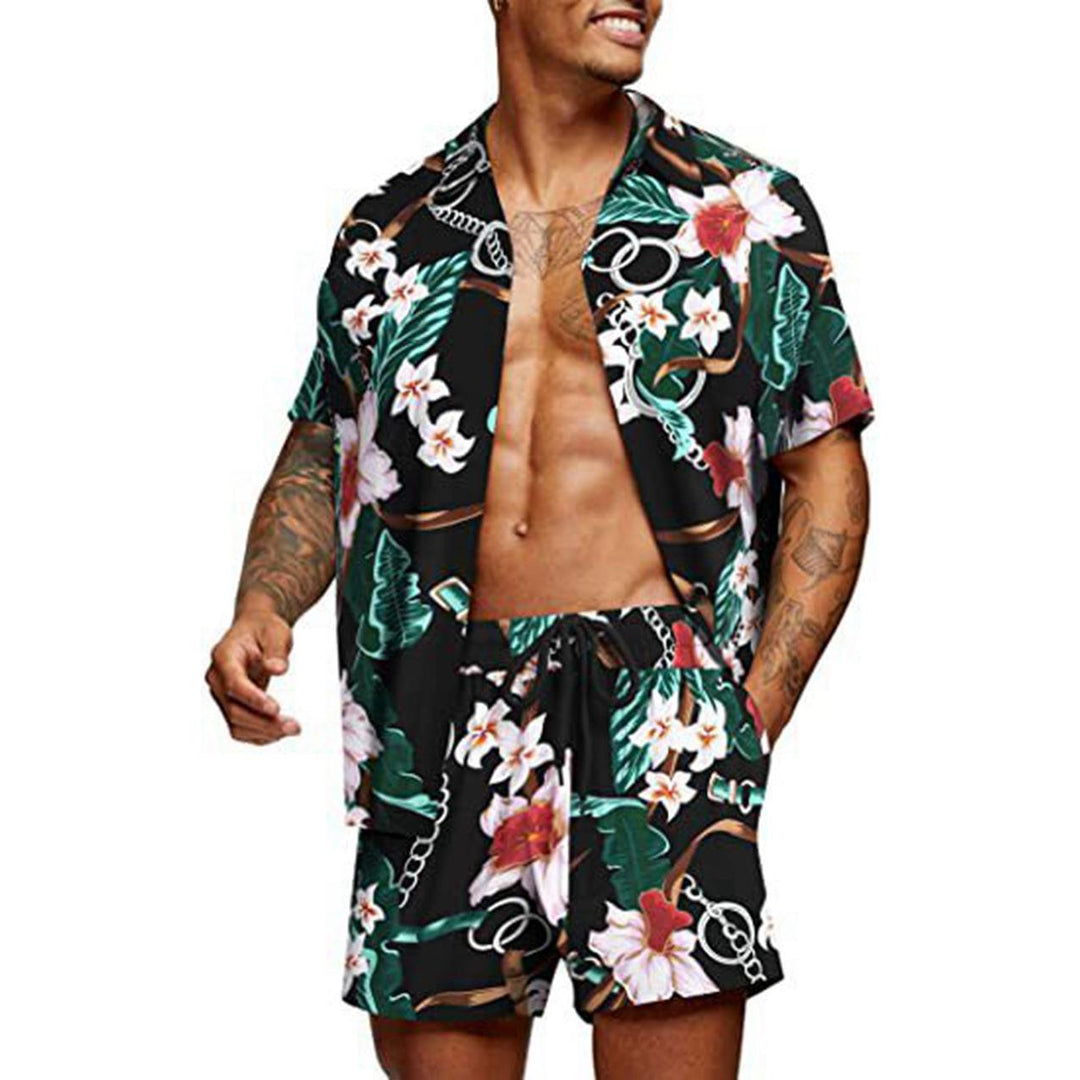 Men's tropical short sleeve shirt and swim shorts set with lapel collar, drawstring, and practical side pockets StylebySassy