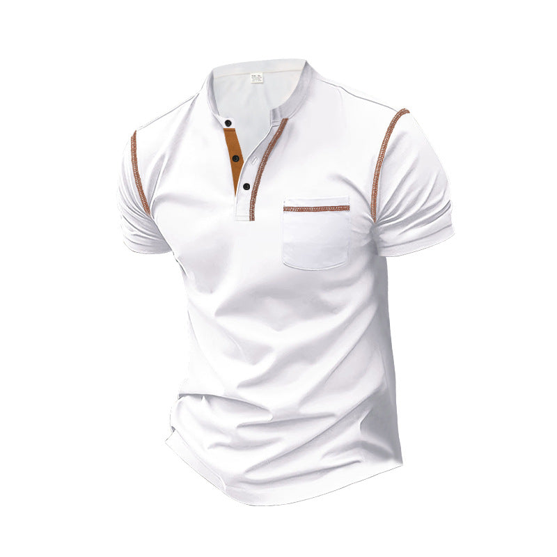 Men's short-sleeve polo in Henley style with stand-up collar, chest pocket and contrast stitching StylebySassy