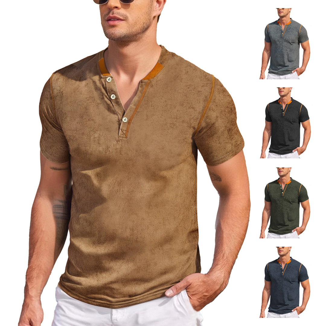 Men's casual short sleeve Grandad shirt with short button placket, contrast piping and washed soft structure StylebySassy