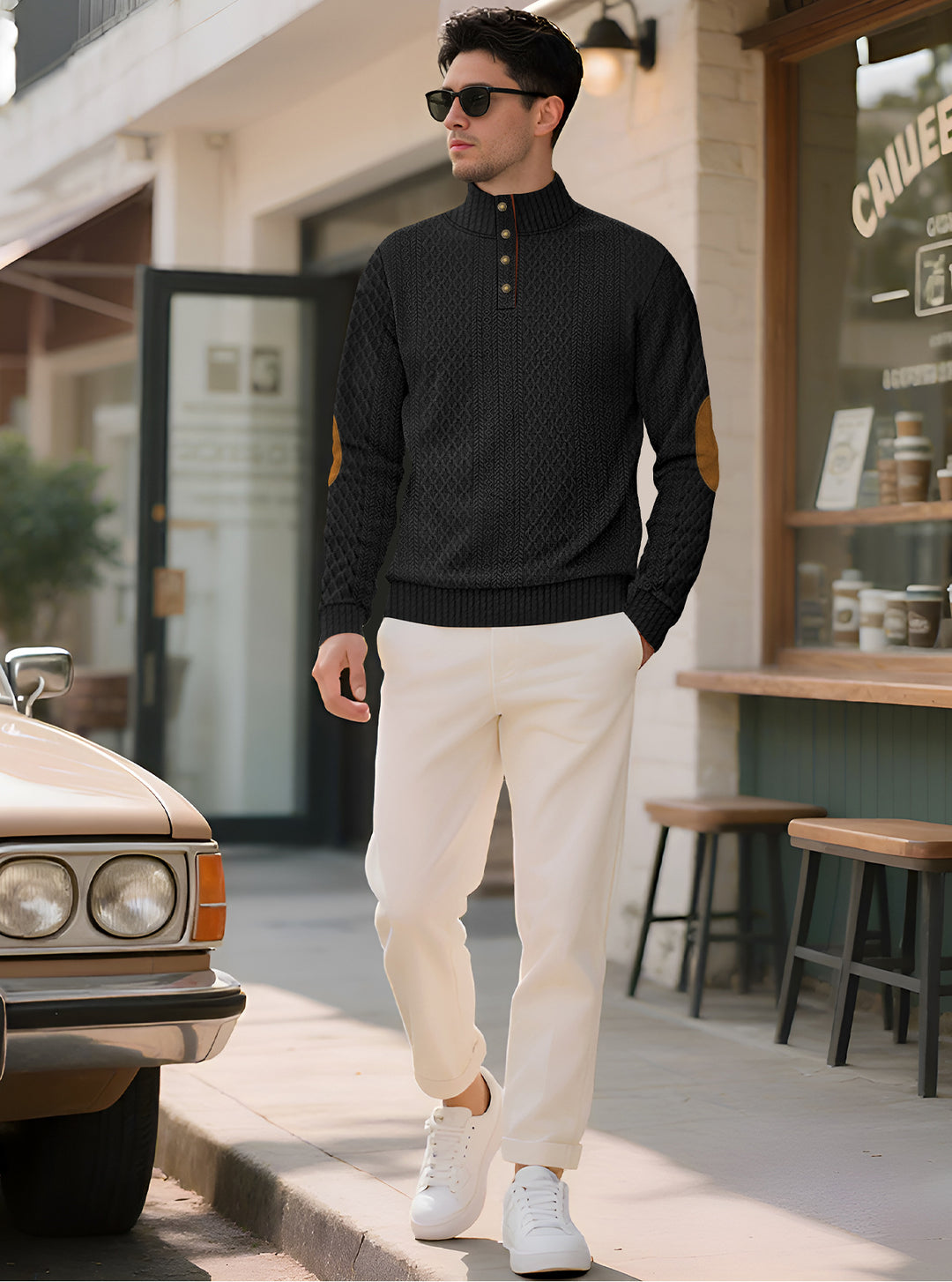 Men's noble button sweater in cable pattern with high stand-up collar and suede elbow patches StylebySassy