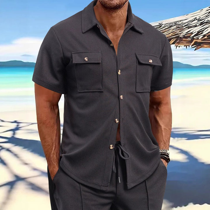 Men's structured waffle lounge set with shirt jacket, chest pockets and corded pants StylebySassy