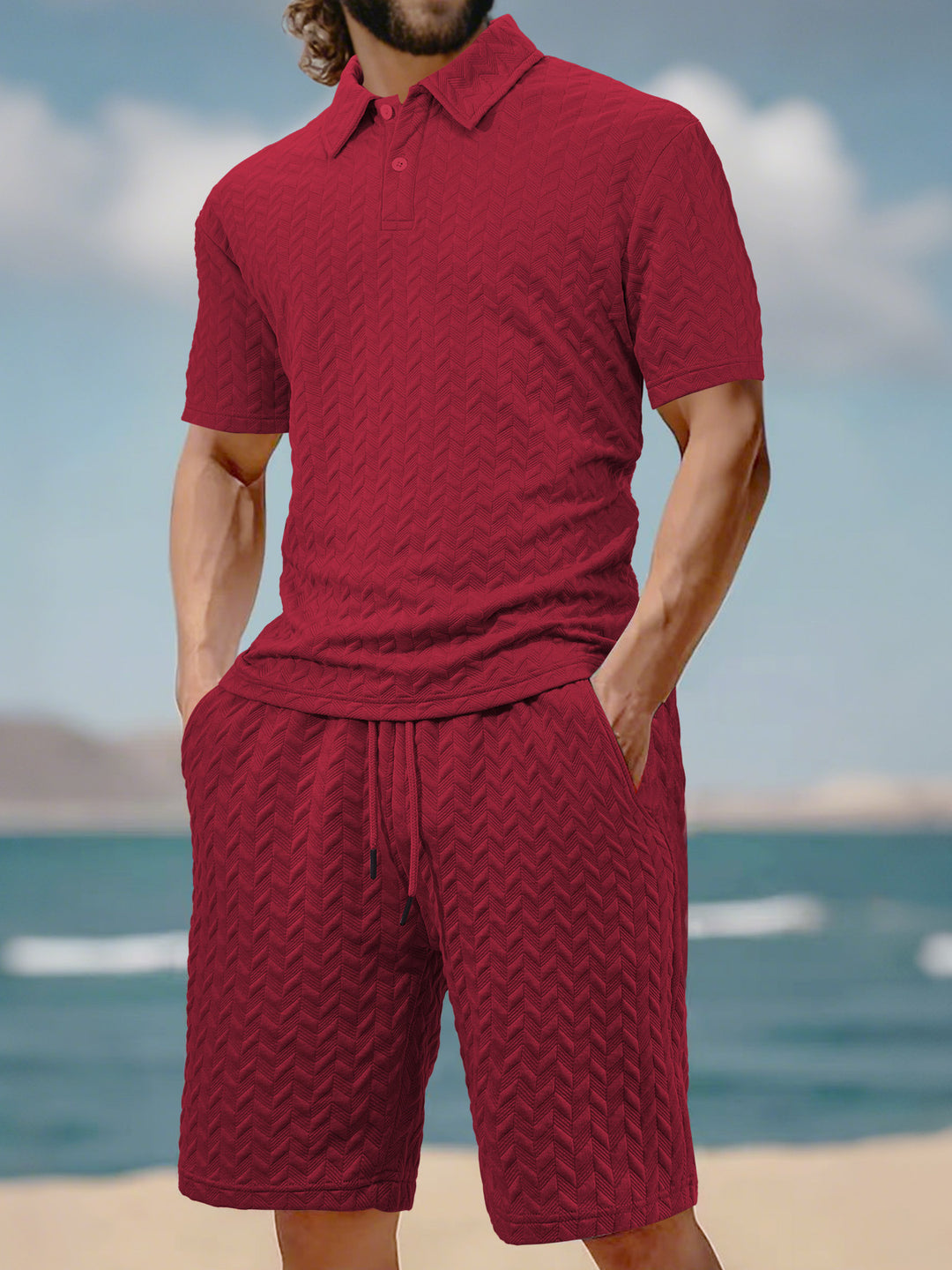 Men's embossed beach ensemble with open short sleeve shirt and cord Bermuda StylebySassy