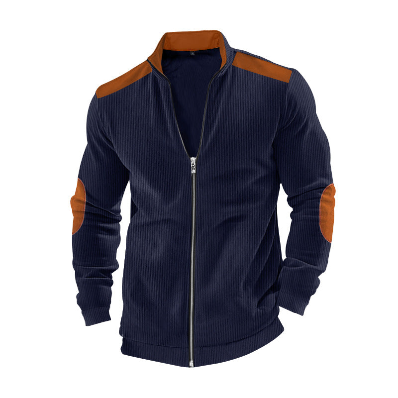 Men's ribbed leisure jacket with stand-up collar, full-length zipper and elbow and shoulder patches StylebySassy