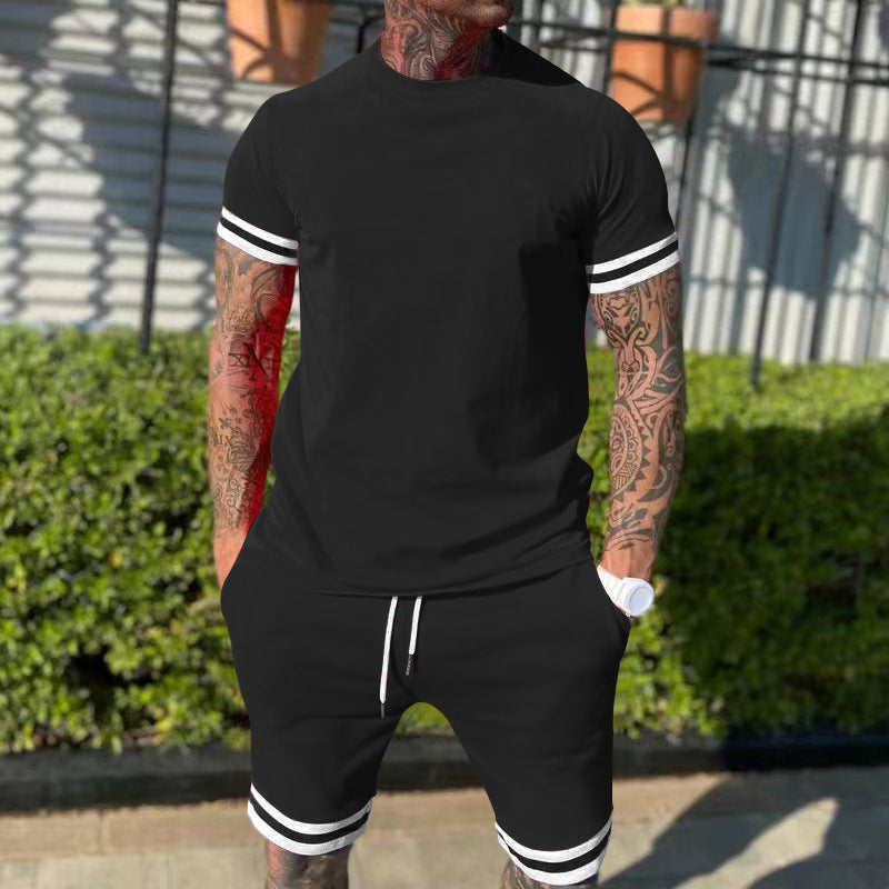 Men's casual sports set made of cotton jersey with round neck shirt and drawstring shorts StylebySassy