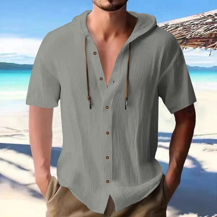Men's lightweight short-sleeve hooded shirt with button placket and breathable cotton blend StylebySassy