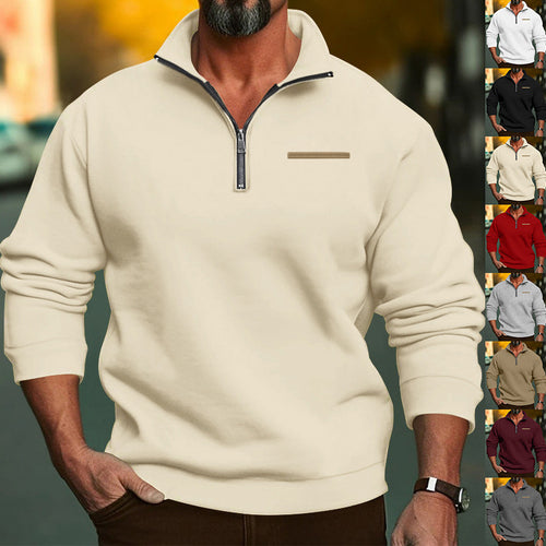 Men's high-quality sweatshirt with metal half-zip, reinforced stand-up collar, and discreet chest piping StylebySassy