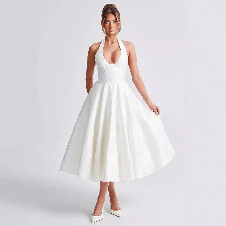 Women's Elegant Halterneck Ball Gown with Flared Skirt StylebySassy