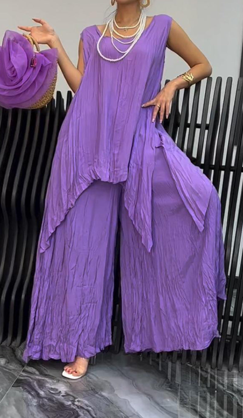 Women two-piece set in airy crinkle look with sleeveless tunic and wide palazzo pants StylebySassy