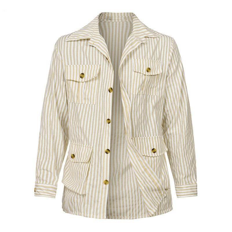 Women's striped shirt jacket made of cotton blend with patch breast and hip pockets StylebySassy