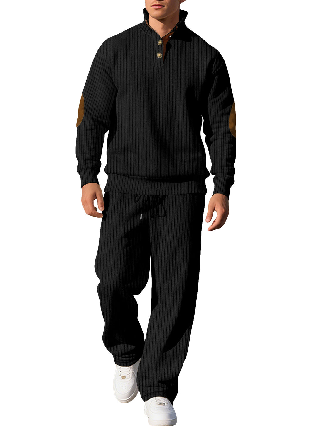 Men's fine ribbed sweater with half button placket, high stand-up collar, and contrasting suede elbow patches StylebySassy