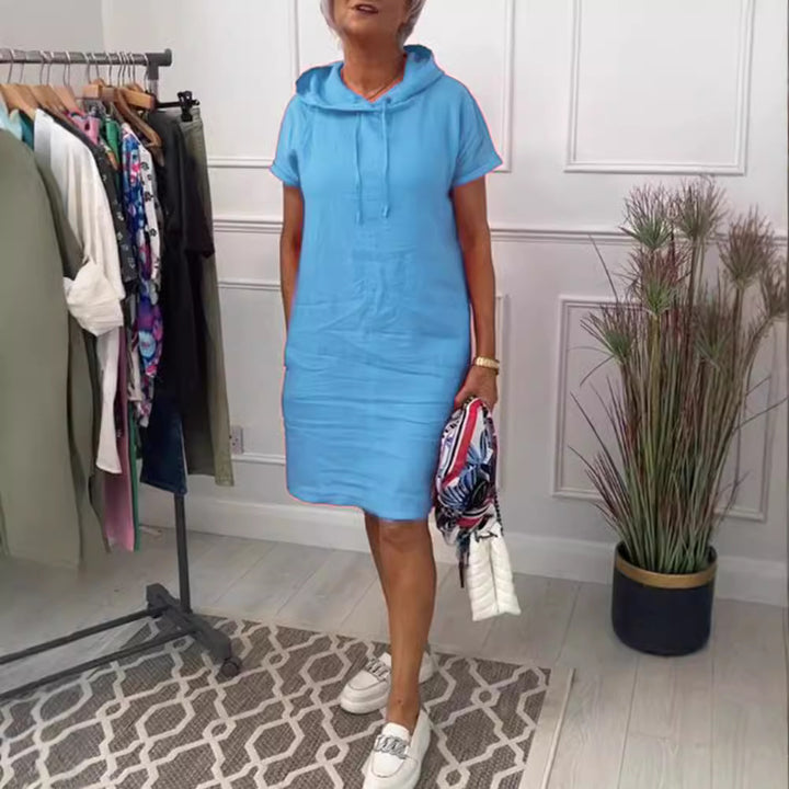 Women's casual hooded midi dress with short sleeves and straight relaxed fit StylebySassy
