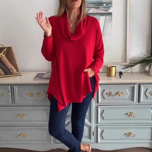 Women's fall shoulder drape tunic top with asymmetric zip hem and side pockets StylebySassy