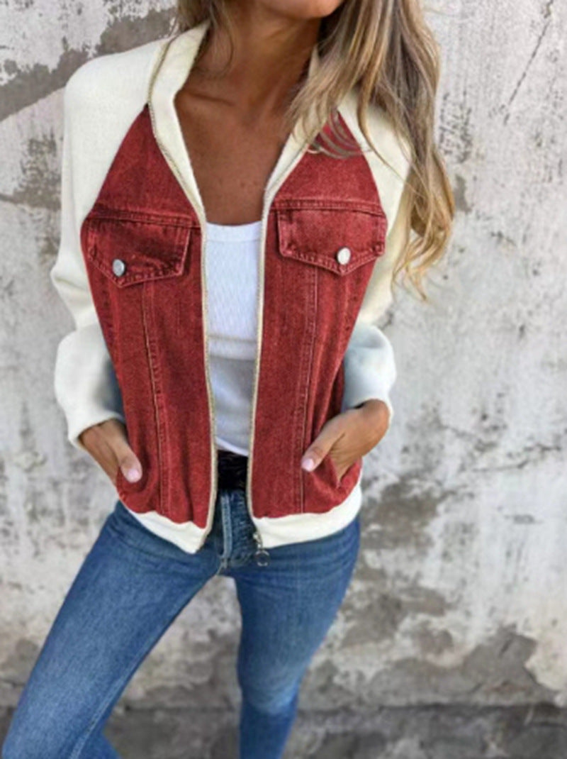 Women's Sweat-Jeans-Bomber Jacket with Raglan Sleeves, Breast Pockets, and Zipper StylebySassy