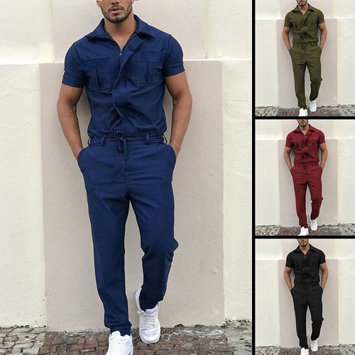 Men's short-sleeved overall work suit with concealed front closure and applied chest pockets StylebySassy