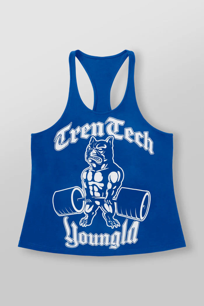 Men's form-fitting fitness tank top with bulldog graphic and extra deep armholes StylebySassy