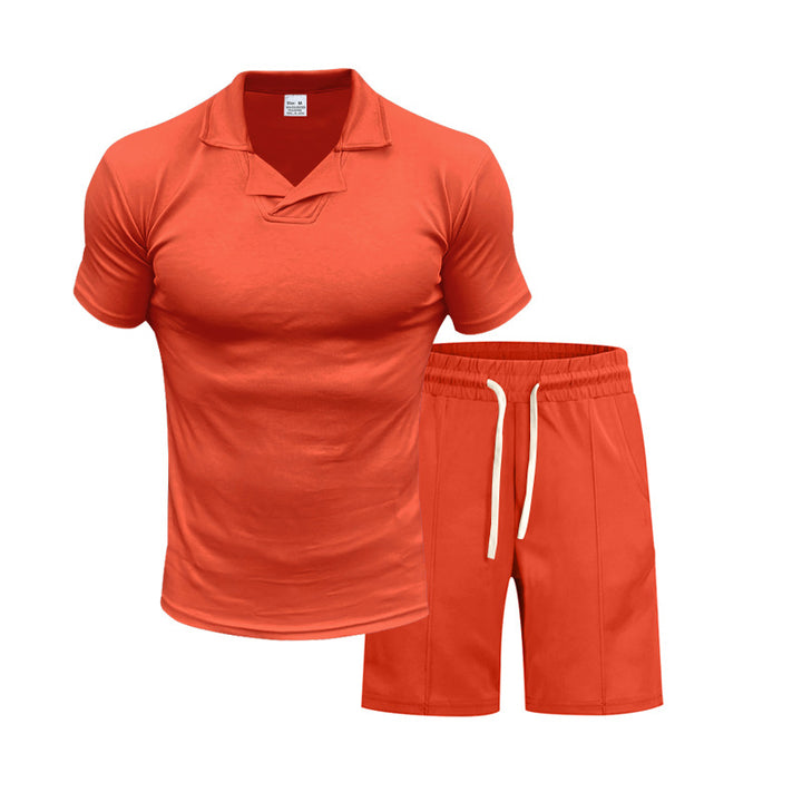 Men's short-sleeved polo lounge set with V-insert at the collar and drawstring bermuda StylebySassy