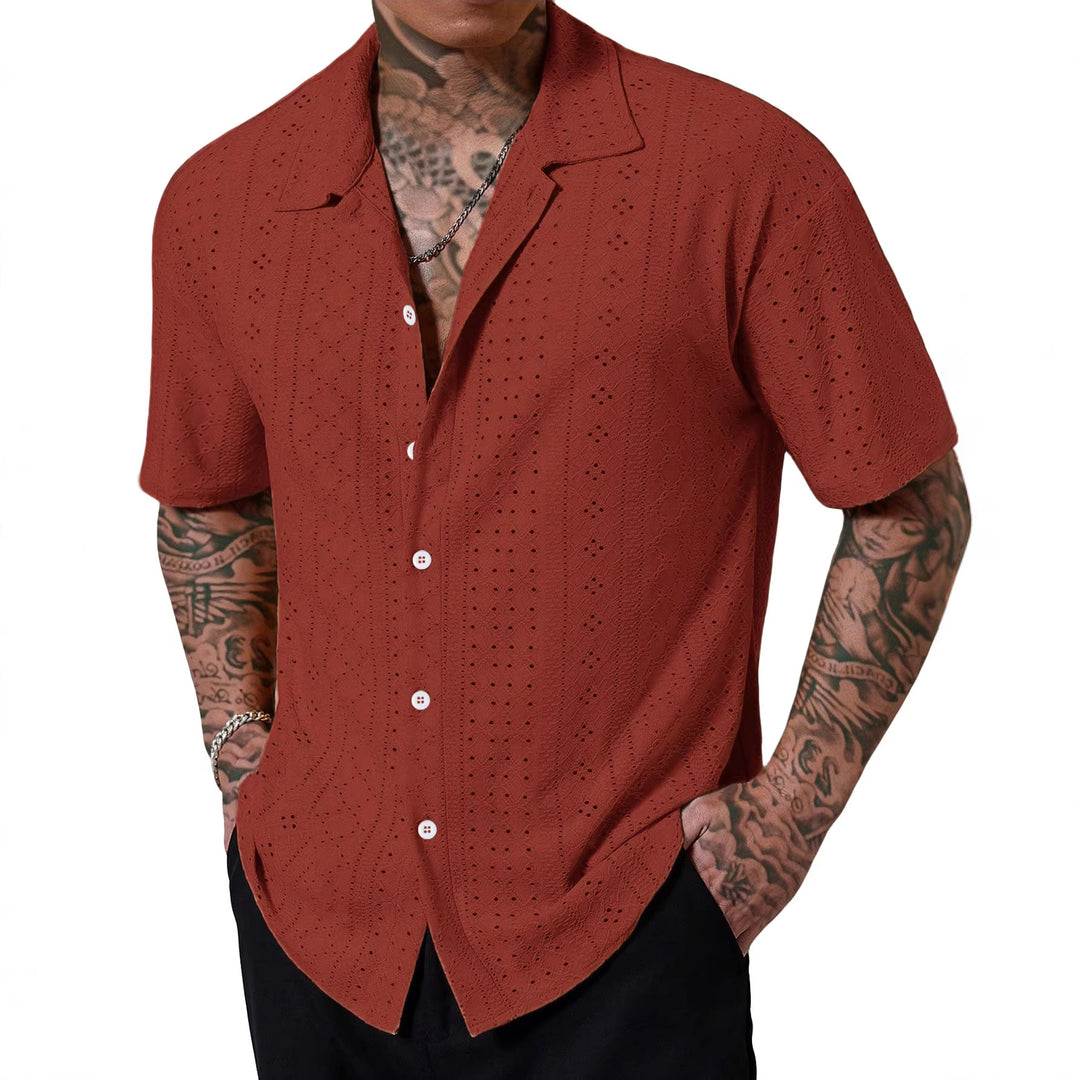 Men's short-sleeve casual shirt with openwork embroidery, lapel collar and relaxed fit StylebySassy