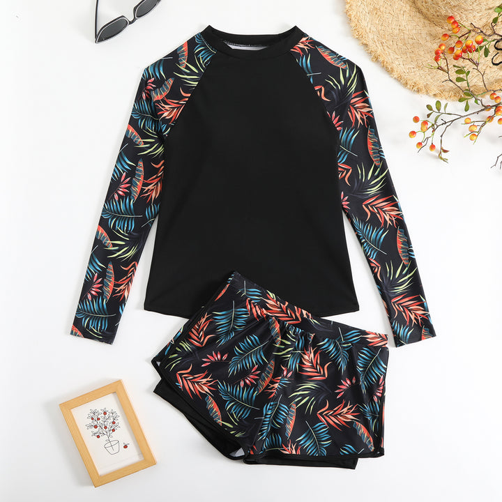Women's Sporty Long Sleeve Rashguard with Colorful Leaf Design StylebySassy