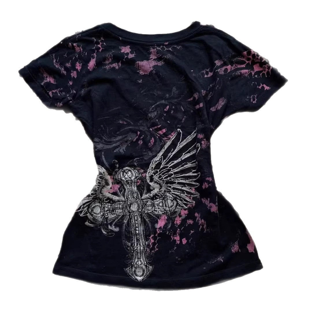 Women’s V-Neck T-Shirt with Impressive Graphic Cross StylebySassy