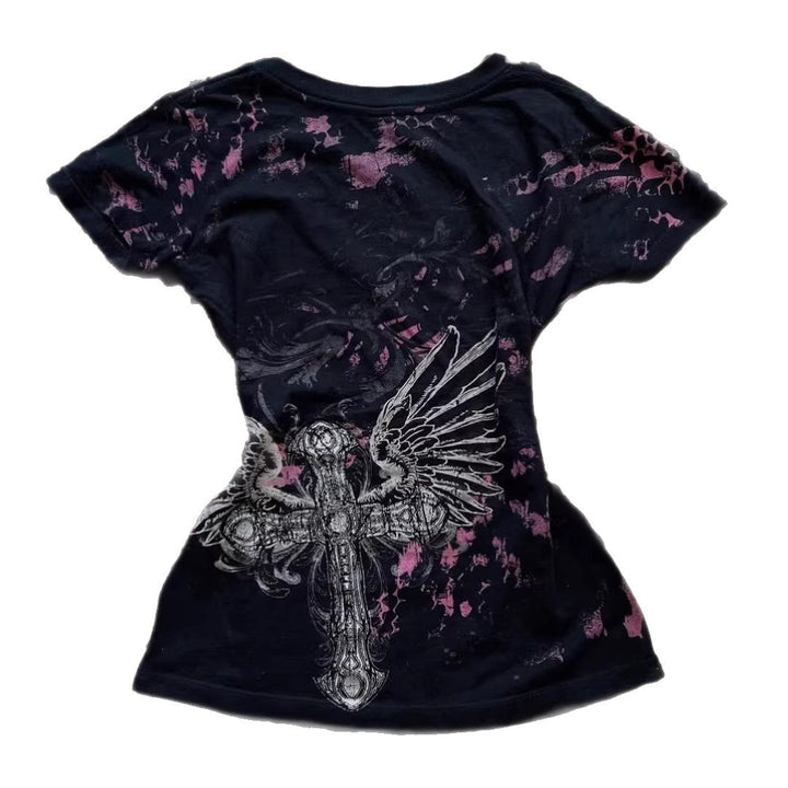 Women’s V-Neck T-Shirt with Impressive Graphic Cross StylebySassy