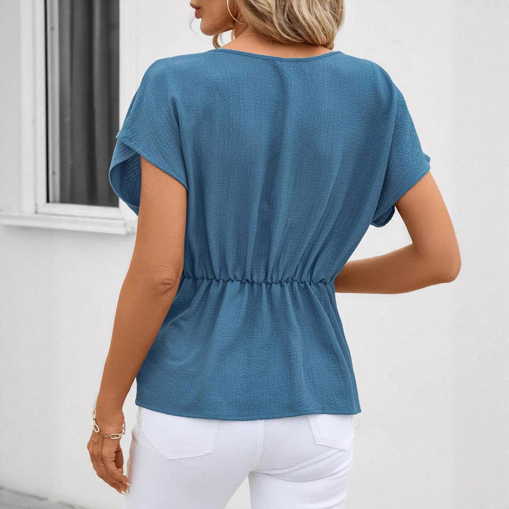 Women's fitted short sleeve draped shirt with side knot sling and textured crepe look StylebySassy