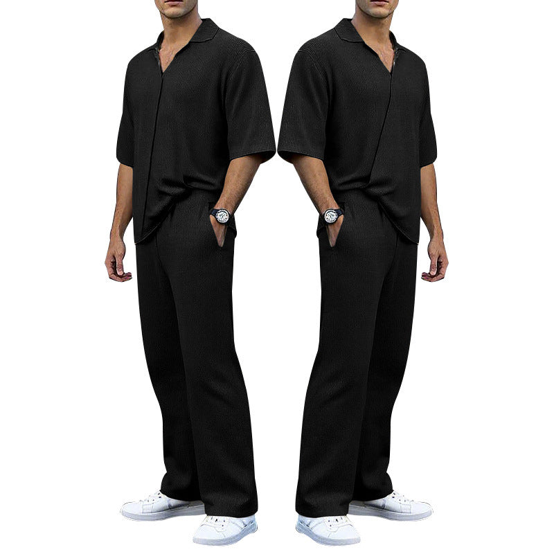 Men's finely structured two-piece set with open polo collar short sleeve shirt and straight comfort waistband pants StylebySassy