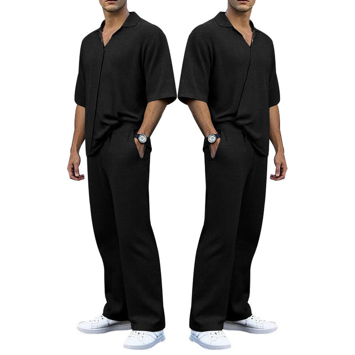 Men's finely structured two-piece set with open polo collar short sleeve shirt and straight comfort waistband pants StylebySassy