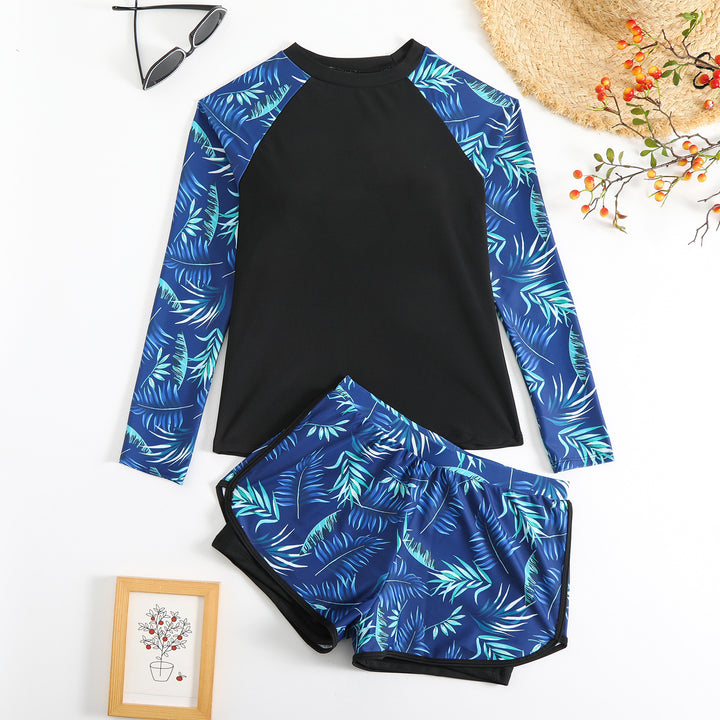 Women's Sporty Long Sleeve Rashguard with Colorful Leaf Design StylebySassy