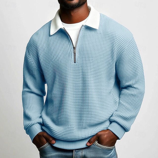 Men's structured waffle knit pullover with polo collar and short zipper StylebySassy
