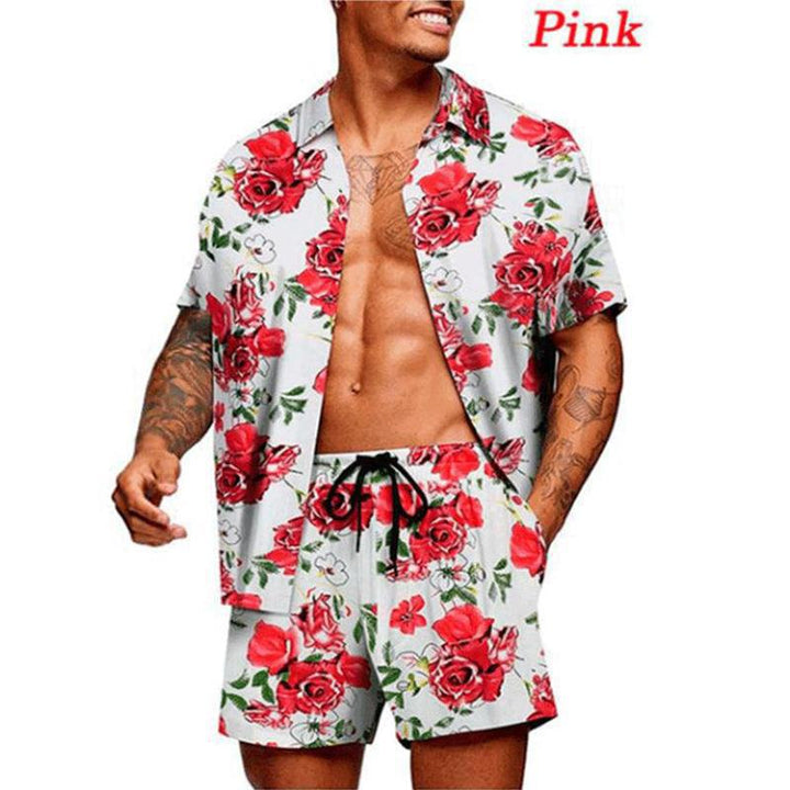 Men's tropical short sleeve shirt and swim shorts set with lapel collar, drawstring, and practical side pockets StylebySassy
