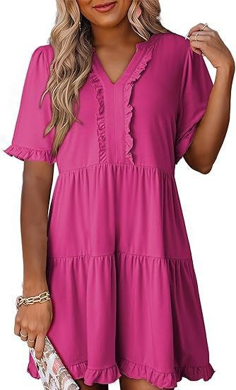 Women's lightweight swing dress with V-neck, tiered skirt and delicate ruffles StylebySassy