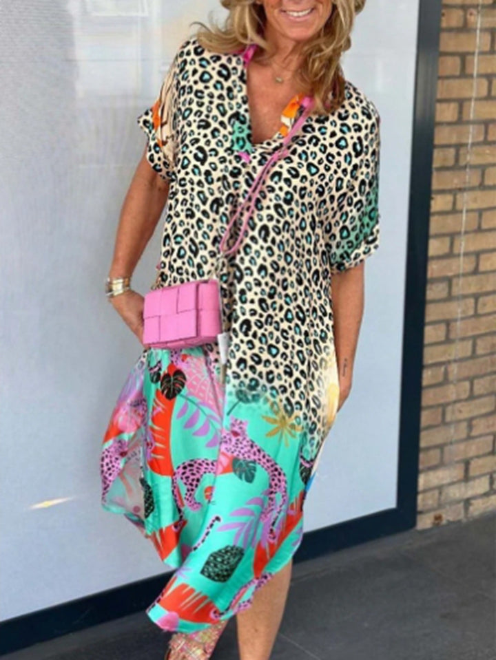 Women nano locker fitted V-neck midi dress with leopard print and tropical motif StylebySassy