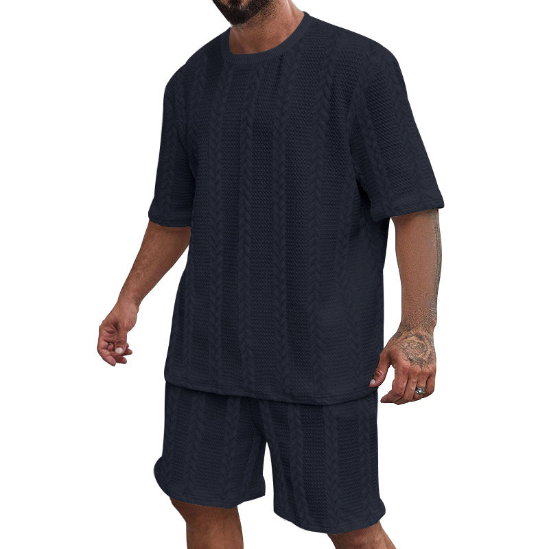 Men's relaxed braid-knit leisure set with wide short-sleeve shirt and elastic Bermuda StylebySassy