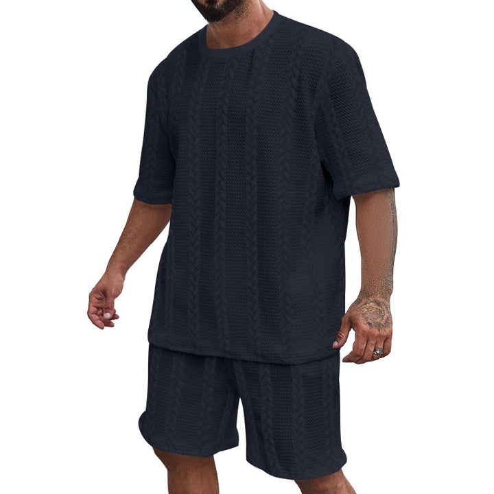 Men's relaxed braid-knit leisure set with wide short-sleeve shirt and elastic Bermuda StylebySassy
