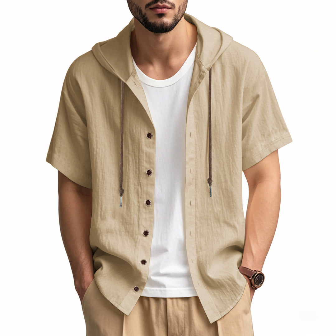 Men's breathable short sleeve hoodie made of linen blend with wooden button placket and drawstring StylebySassy
