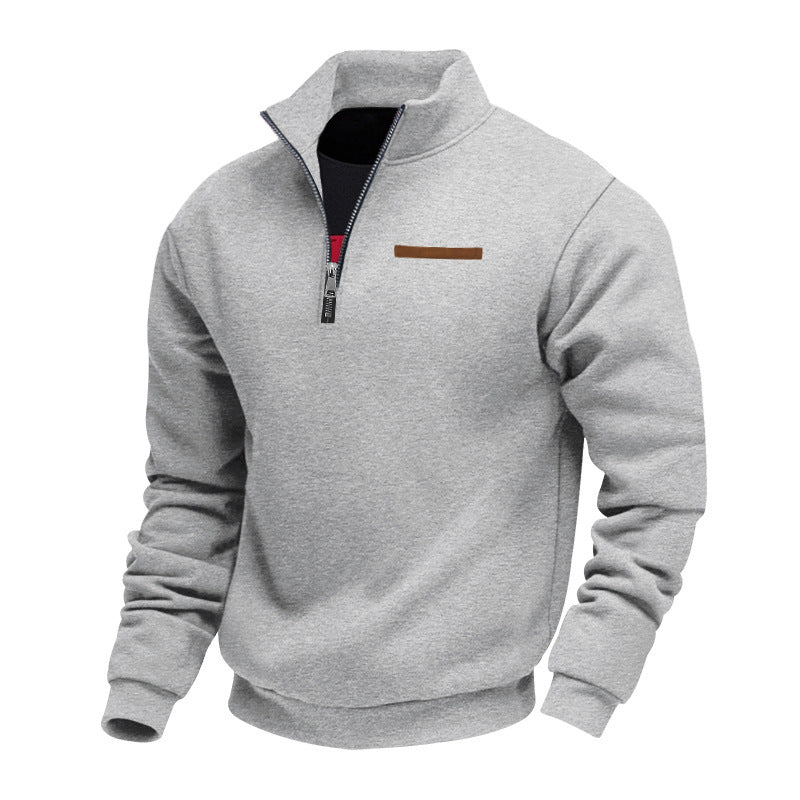 Men's half-zip sweatshirt made of heavy fleece with stand-up collar and concealed chest pocket StylebySassy