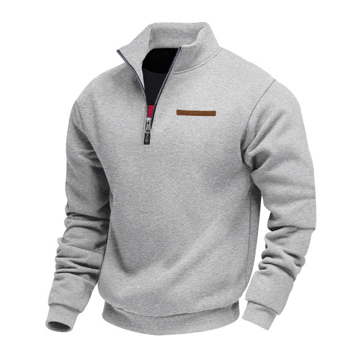 Men's half-zip sweatshirt made of heavy fleece with stand-up collar and concealed chest pocket StylebySassy