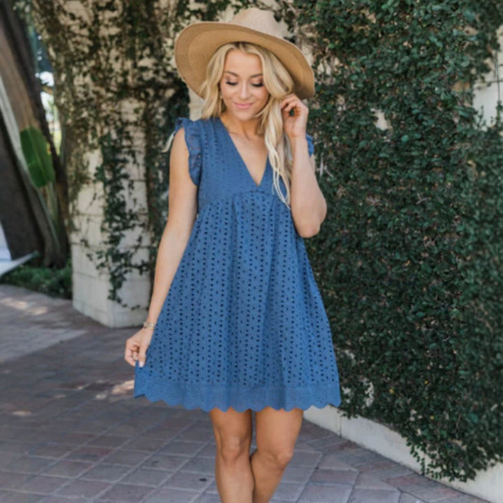 Women's Broderie-Anglaise Mini Dress with V-Neck, Ruffled Sleeves, and Insert Pockets StylebySassy
