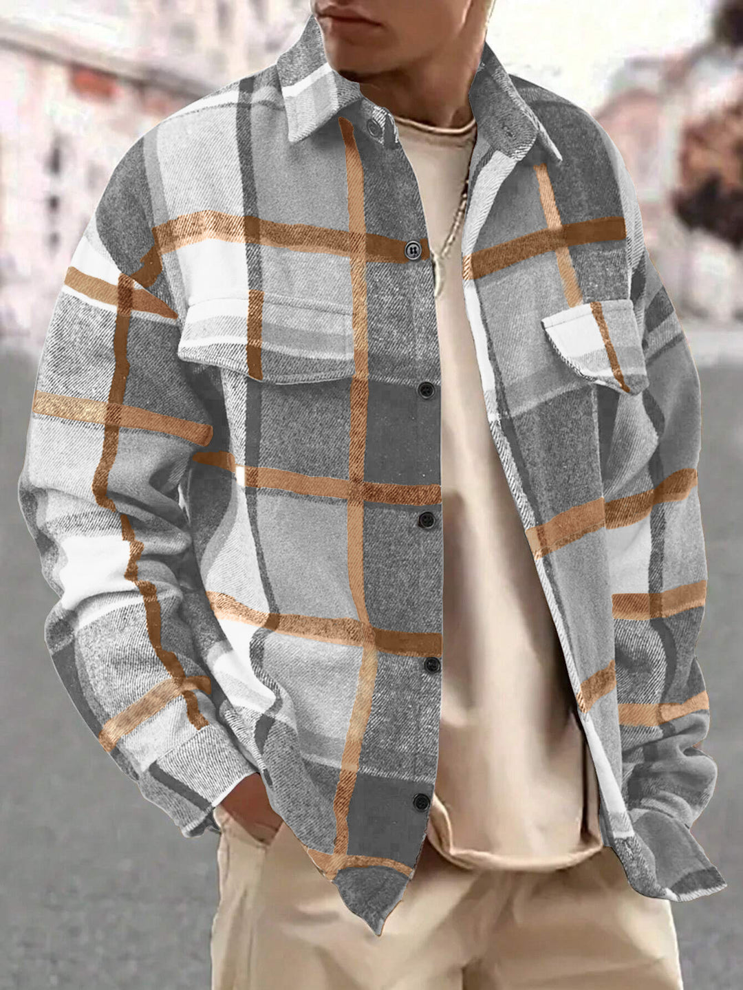 Men's oversized check shirt jacket made of soft flannel with patch chest pockets StylebySassy