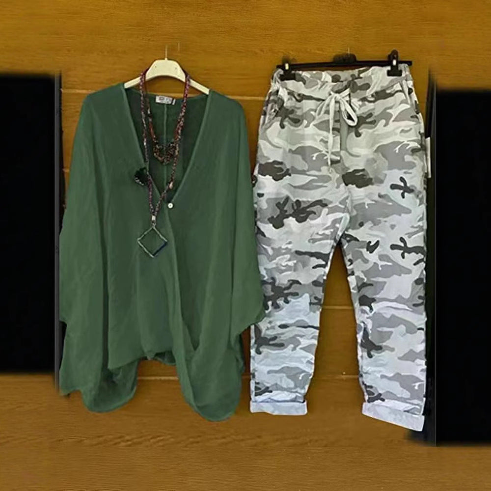 Women's two-piece outfit consisting of flowing kimono top and camouflage jogging pants StylebySassy