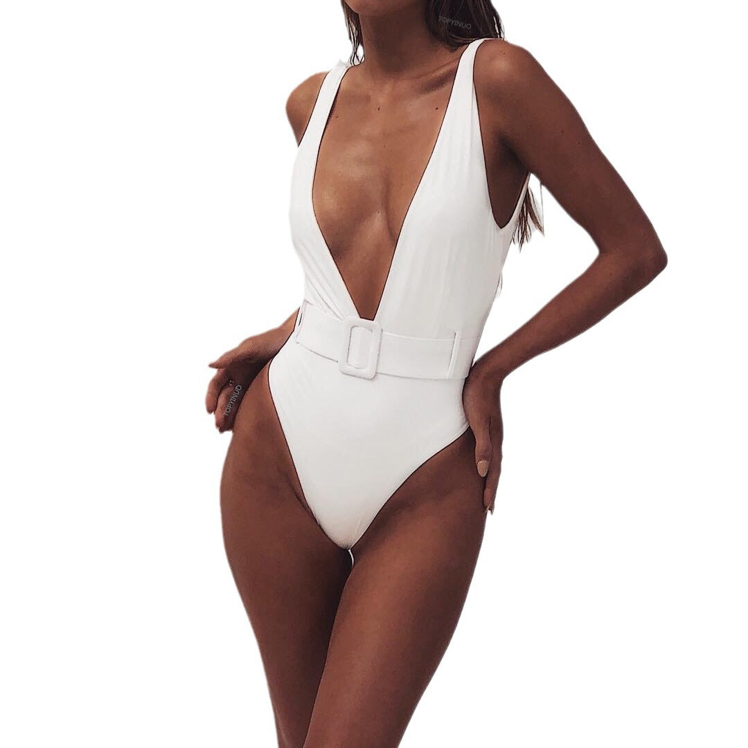 Women's One-Piece Swimsuit with Glamorous V-Neck and Stylish Belt Detail StylebySassy