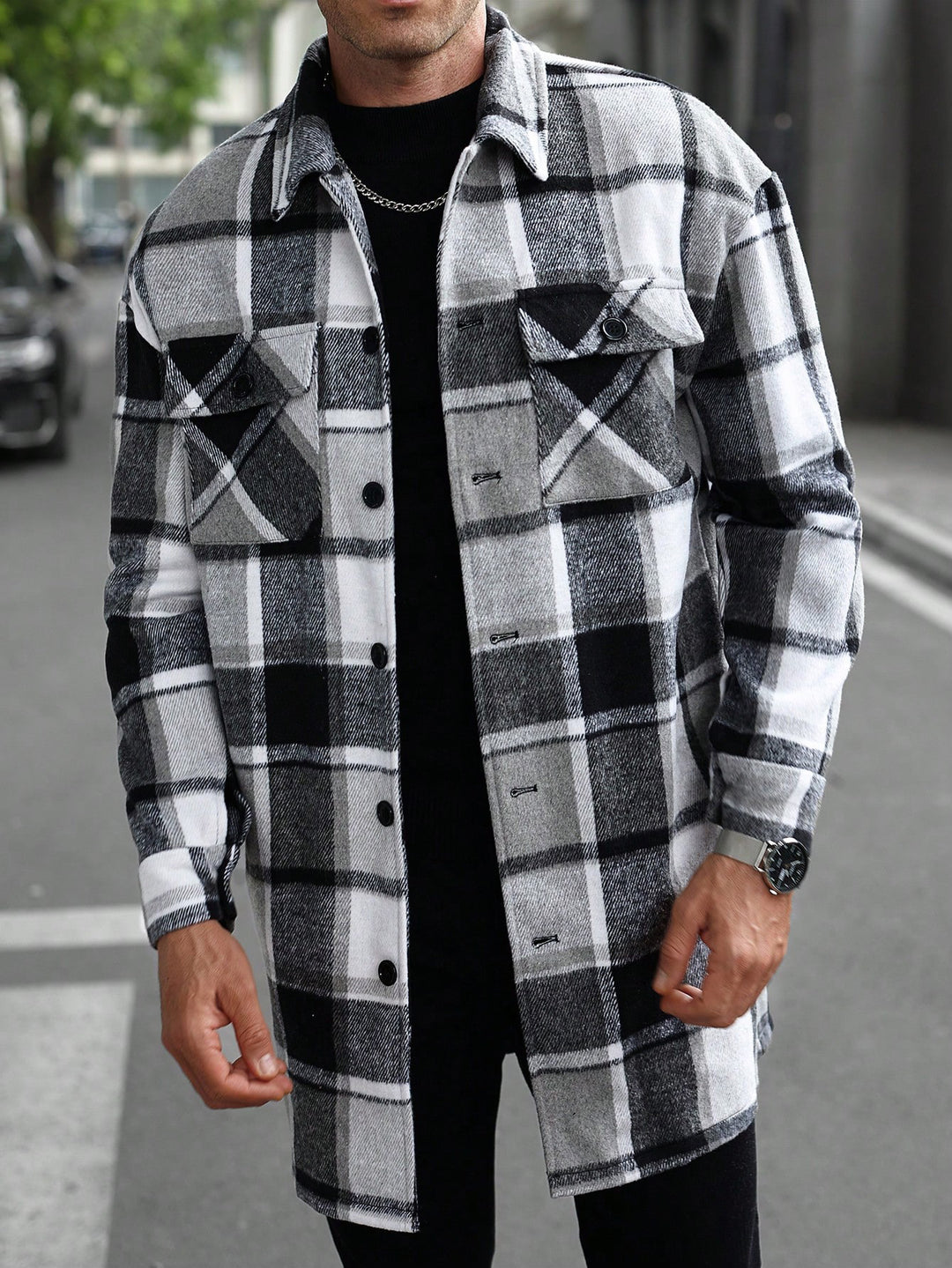 Men's checked longline overshirt with patch chest pockets and button placket StylebySassy