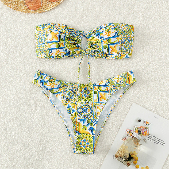 Women's bandeau bikini with sophisticated binding detail and floral print StylebySassy