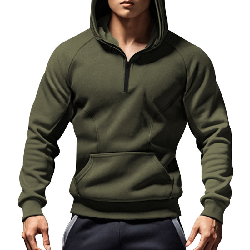 Men's casual hooded sweatshirt with short front zipper, ergonomic raglan cut, and kangaroo pocket StylebySassy