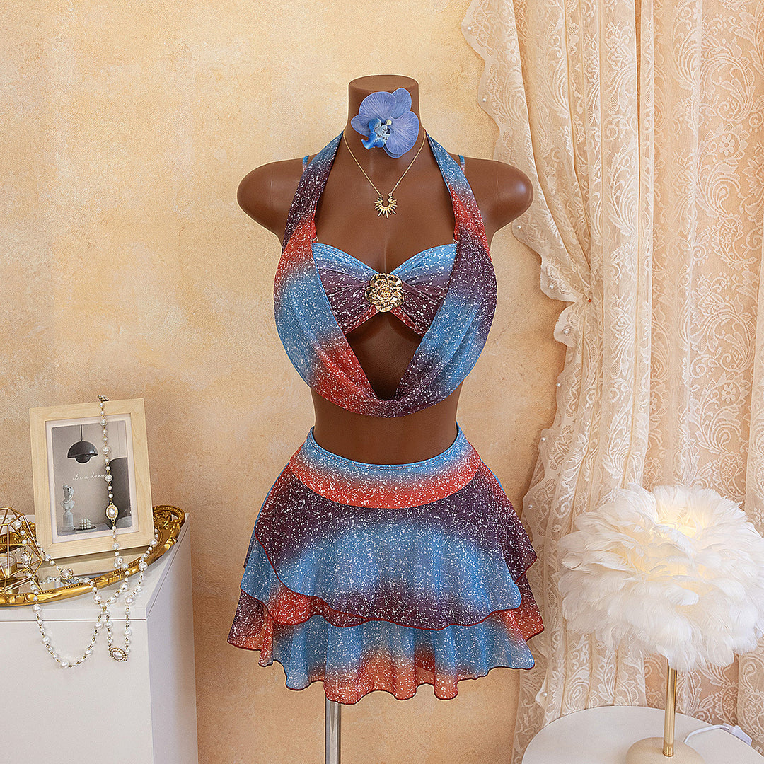 Women’s swimsuit with deep neckline and shimmering skirt StylebySassy