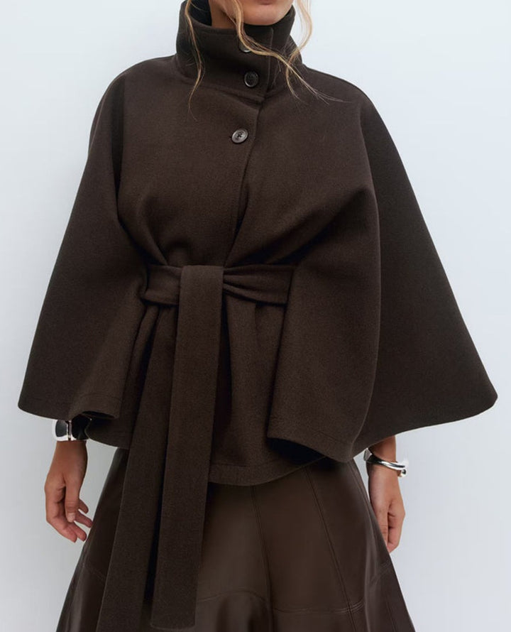 Women's oversized wool cape coat with stand-up collar and tie belt StylebySassy