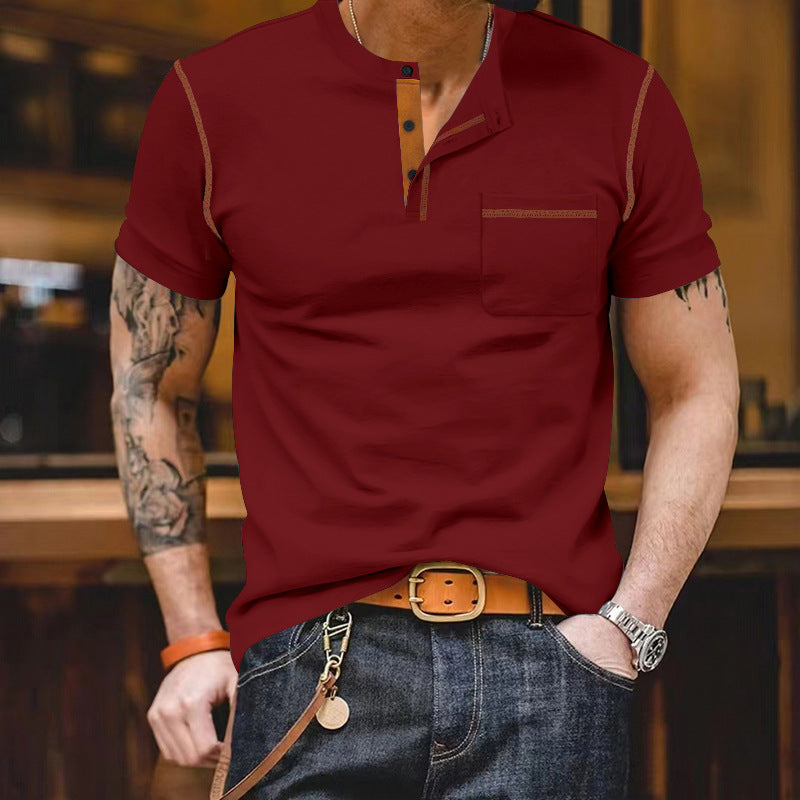 Men's short-sleeve shirt with stand-up collar, half-button placket, and chest pocket StylebySassy