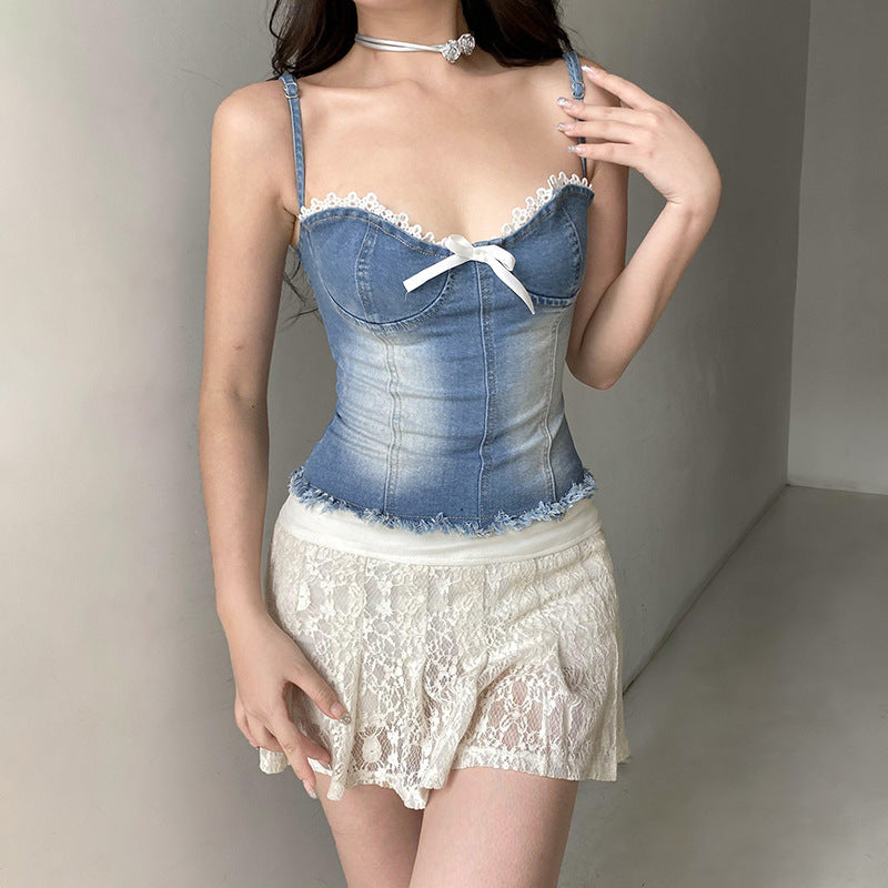 Women's denim crop top with ruffle details and delicate lace-up closure StylebySassy
