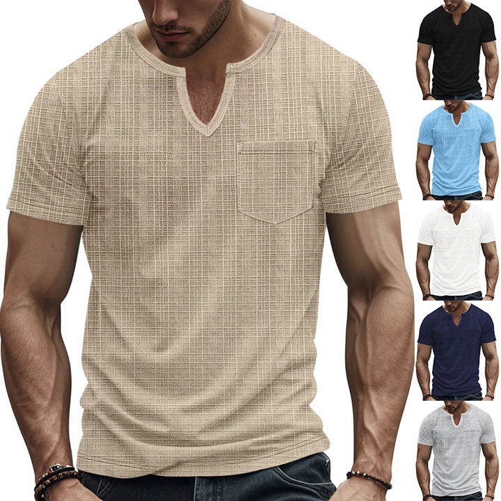 Men's short-sleeved shirt with slit V-neck structured linen look and patch chest pocket StylebySassy